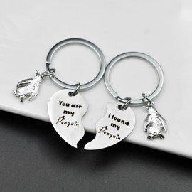 Hibetek Couple Keychain Heart Shaped Cute Keychain Penguin Puzzle Pendant Key Chain Accessories Silver