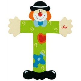 SEVI 81756 Wooden Letter T 10 cm, Door Letters for Children's Room, ABC Alphabet Educational Toy Made of Wood, Educational Toy for Children from 3 Years, Letter Clowns, Green, Approx. 10 x 7.5 cm