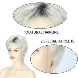 Short Pixie Cut Wigs for White Women Synthetic Womens Wigs Pixie Cut Hair White Wigs with Bangs Mullet Wigs for Women Shoulder Length Hair Wigs Layered Short Womens Wigs(Ombre White)