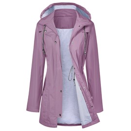 LOMON Women Raincoat Active Outdoor Waterproof Windproof Rain Jacket Fashion Hooded Double Layer Rain Slicker Grey Purple L