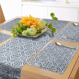 Ambesonne Ethnic Table Runner & Placemats Portuguese Azulejo Tiles Floral European Medieval Mosaic Moroccan Retro Effect, Set for Dining Table Decor, Placemat 4 pcs + Runner 16"x72", Royal Blue Orange