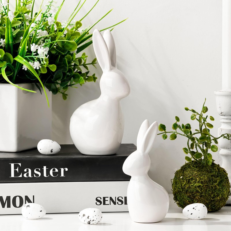 Pawliss Easter Decorations: Elegant White Ceramic Bunny Figurines Set of