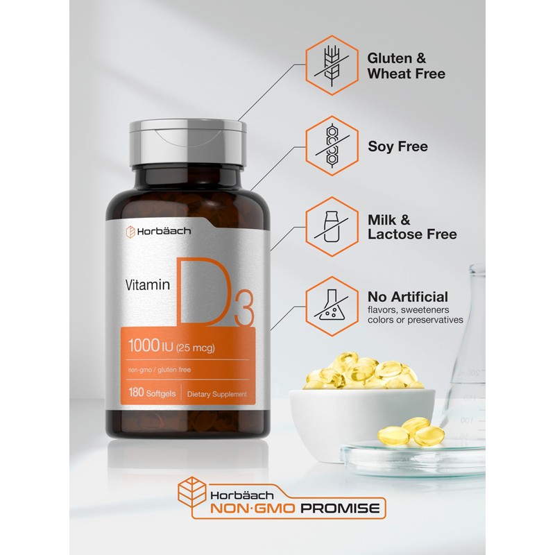 Horbäach Vitamin D3 1000IU (25mcg) Softgels | 180 Count |