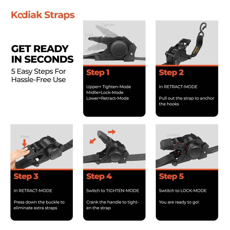 Retractable Ratchet Straps 2" x 10ft, 3,000lb Break Strength, Heavy