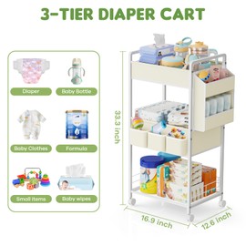 JBBTOOL Baby Diaper Caddy Organize, 3 Tier Rolling Diaper Cart, Diaper Caddy with Dividers for Nursery, Bedroom, Changing Table, Crib, Large Capacity Detachable Bedside Cart with Wheels