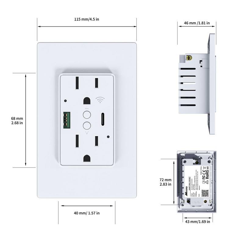 2.4GHz Wi-Fi + Bluetooth LE Smart USB Outlet Receptacle, Type