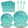 96 Pieces Teal and Silver Tableware Set for Happy Birthday