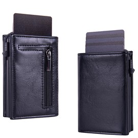 YLUEAWP Wallet for Men, RFID Blocking, Slim Pop-Up Card Holder, Bifold Minimalist Front Pocket Wallet, Metal, Holds 10-12 Cards, Cash Slot, ID Window (Black)