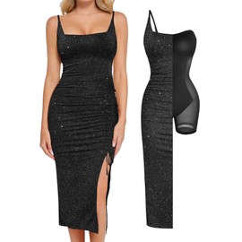 Popilush Cocktail Dresses for Women Sparkly Midi Dress Shapewear Tummy Control Square Neck Ruched Formal Dress Side Slit Black