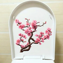 Cherry Blossom Toilet Cover Sticker Decals,Fish Bird Flower Leaf Waterproof Toilet Lid Tank Seat Decals Cistern Self-Adhesive Bathroom Wall Sticker