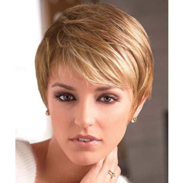 BECUS Short Pixie Cut Strawberry Blonde Wig with Bangs High Temperature Kanekalon Synthetic Silky Straight Realistic Wigs for Women with Wig Cap