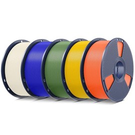 SUNLU 5 kg PLA Plus 3D Printer Filament, PLA+ Filament 1.75 mm, Robust 3D Filament, Compatible with 3D Printers, 1 kg Spool, Total 5 kg, Sun Orange + Small Blue + Light Yellow + Bone White + Olive