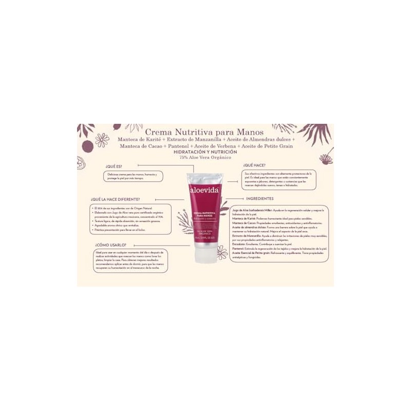 Aloevida Crema Nutritiva para manos 75% Aloe vera orgánico 65