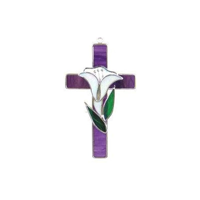 Stained Glass Cross with Lily - Purple (Grape) Glass from
