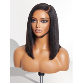 LUVME HAIR 12 Inch Light Yaki Straight Bob Wig Human Hair, Undetectable HD Lace Glueless Bob Wigs Human Hair Pre Plucked, Pre Cut Lace Wig Short Black Blunt Cut Bob Wigs