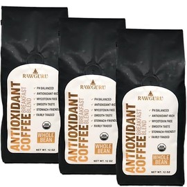 RawGuru Organic Antioxidant Coffee Breakfast Blend, Gluten-Free, Fairly Traded, Shade Grown and Rainforest Alliance Certified, Arabica Whole Bean, Pack of 3