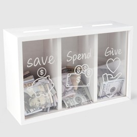 Mczxon Wooden Give Save Spend Money Saving Box for Kids, Money Coin Savings Piggy Bank Jar Box Safe Money Saver, Teach Children About Giving Saving Giving Money Piggy Box for Boys Girls, White