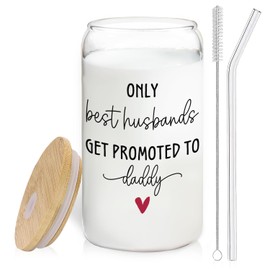 BEHIFL Get Promoted to Daddy Dad Glass Cup with Lids and Straws 14oz, Daddy to Be Gifts, Pregnancy Announcement for Dad Glass Coffee Tumbler Drinking Jars with Cleaning Brush