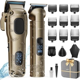 Men's Professional Hair Clippers & Trimmers Set with Magnetic LED Waterproof Electric Shaver Kit, Comfortable & Glowing Features - Color: Gloden