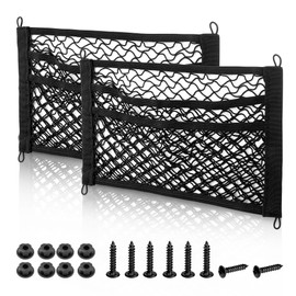 RED WOLF 3 Layer Small Cargo Net 17.7" x 9.8" Elastic Stretchable Bungee Nets Storage Mesh Pocket Organizer Mounting w/8 Screw and Built-in Hooks for SUV Truck Camper Accessories