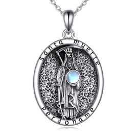 VONALA Santa Muerte Necklace for Women Men 925 Sterling Silver Santa Muerte Skull Pendant Warrior Protect Us Amulet Jewelry Gift for Father Mother