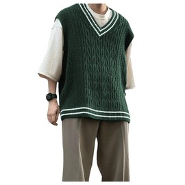 GORGLITTER Men's Striped Cable Knit Sweater Vest Sleeveless V Neck Pullover Sweater Tops Dark Green Small