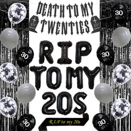 30th Birthday Decorations for Women Men Death to My Twenties Black Rip Twenties Decorations for Him Her Funny Thirty Birthday Party Supplies with Rip to My 20s Foil Balloons Sash Banner Fringe Curtain