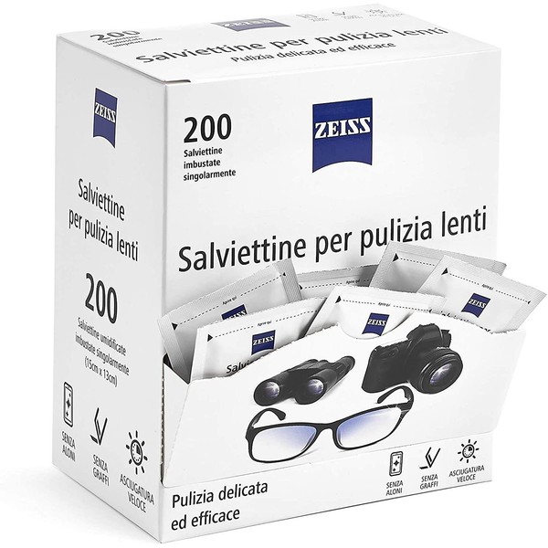 ZEISS Disposable Lens Wipes - for All Types of Lenses, for Glasses, Cameras and Smartphones, Scratches and Streak-free, Fast Drying, 200 Pieces Individually Packed