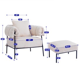 HollyHOME Modern Velvet Accent Chair with Ottoman, Upholstered Comfy Reading Chair and Footstool, Fabric Large Lazy Arm Chair and Stool, Lounge Sofa Chair for Living Room, Bedroom, Beige Chair&Stool