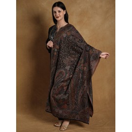 Exotic India Kani Jamawar Wool Shawl From Amritsar with Multicolor Woven Flowers on All-Over - Wool - Color Black Olive