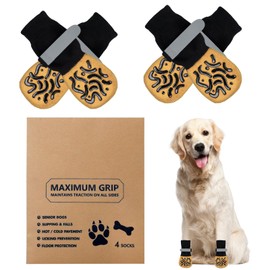 Muecleao Dog Socks Paws Stop Licking, 2 Pairs Non-Slip Dog Grip Socks with Reflective Straps, Pet Paw Protector Dog Claw Socks for Puppy Dog Indoor Outdoor Hardwood Floor Walking (Brown, L)