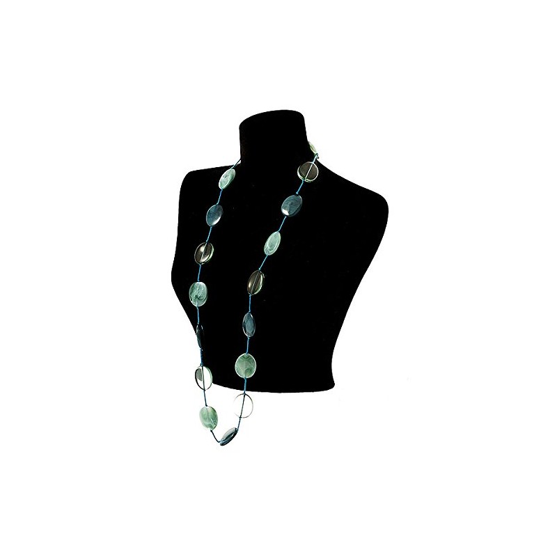 Long Plastic Flat Oval Bead Teal Necklace - 108cm L