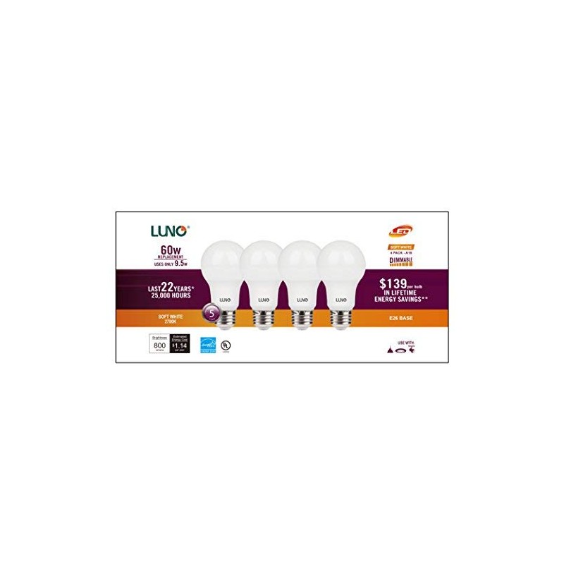 LUNO A19 Dimmable LED Bulb, 9.5W (60W Equivalent), 800 Lumens,