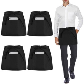 umboom 4 Pack Black Waterproof Waist Apron, Short Work Apron with 3 Pockets for Women Men Waitress Waiter Chef Cooking Baking Gardening Kitchen Restaurant Bar Bistro (Water Resistant)