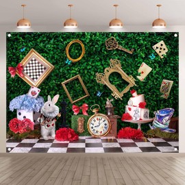 Luminora 7x5ft Fabric Wonderland Tea Party Backdrop Checkerboard Kids Fairy Tale Rabbit Background Little Princess Girl Decorations Photo Banner Props