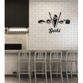 Vinyl Wall Decal Sushi Bar Asian Food Japanese Restaurant Oriental Kitchen Interior Stickers Mural Large Decor (ig5986) Black