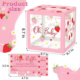 JCTHKUKU 51Pcs Strawberry Diaper Raffle Tickets with Box for Baby Shower Games, A Berry Sweet Baby Is On The Way Diaper Raffle Card Box for Gender Reveal Raffle Party Decoration Clear Card Boxes