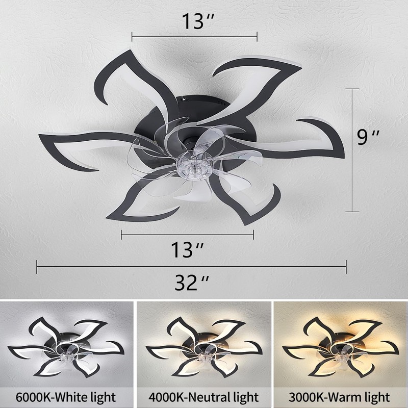 Dalouguan 32" Black Modern Ceiling Fan with Lights Remote Control,