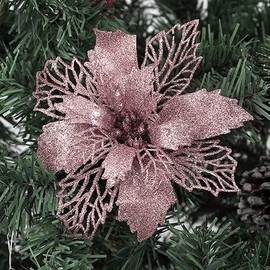 Yueshop 10 PCS Christmas Flowers Large (15CM) Poinsettia Glitter Flower Christmas Tree Hanging Party Xmas Decor(Rose Gold)