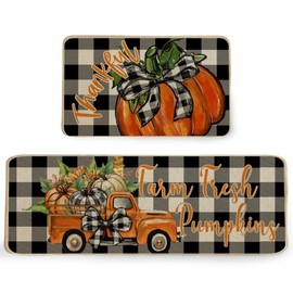 ARKENY Pumpkin Truck Fall Kitchen Rugs Set of 2, Black and White Plaid Seasonal Decorative Kitchen Mats for Floor,Autumn Thanksgiving Non-Slip Absorbent Rug and Door Mats-17x29 and 17x47 Inch-AKM079