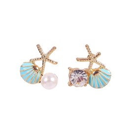 Starfish Shell Pearl Stud Earrings for Women Boho Asymmetric Ocean Animal Cute Pink Colorful Sea Shell Star Glitter Crystal Cubic Zirconia Earrings for Summer Beach Vacation Jewelry Gifts (Blue)