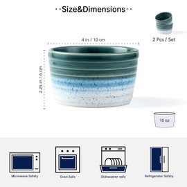 Henten Home 8 oz Ramekins Set, Ceramic Souffle Ramekins Set of 2, Porcelain Baking Cup for Pudding, Ice Cream, Snack, Creme Brulee, Oven & Microwave Safe Samll Bowls (Green)