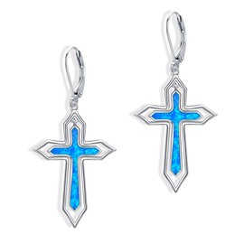 JERWLI Cross Earrings 925 Sterling Sliver Opal Religious Dangle Earrings Religious Cross Jewelry Gifts for Women