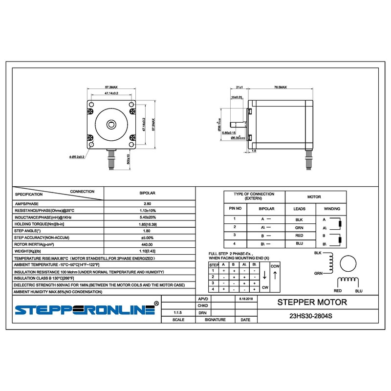 STEPPERONLINE CNC Stepper Motor Nema 23 Bipolar 2.8A 269oz.in/1.9Nm CNC