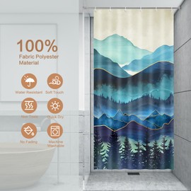 Lokigo Small Stall Teal Forest Shower Curtain 36" W x 72" H, Sage Green Natural Mountains Narrow Dorm Half Size Shower Curtains RV Stand Up for Bath Decor, Waterproof Fabric Curtain with 6 Hooks