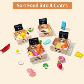 Food Groups - 20 Wooden Play Food Sets & 4 Crates & 4 Mini Blackboard & 15 Play Money, Pretend Toy Food Kitchen Accessories for Toddlers & Kids Ages 3+