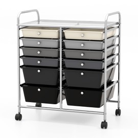 COSTWAY 12-Drawer Rolling Storage Cart, Moveable Art Craft Organizer W/Lockable Wheels, Metal Shelf, Files Arrangement Tools Makeup Storage Cart for Office, Home, School, Mixed Black