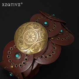 XZQTIVE Western Leather Belts for Woman Concho Cowgirl Cowboy Disc Belt for Ladies Wide Boho Country Waist Belts for Dress, bronze buckle, Brown, 145cm