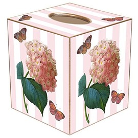 Pink Hydrangea on Pink Stripe Paper Mache Tissue Box Cover