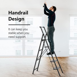 SOLADDER 5 Step Ladder, Folding Step Stool with Handgrip and Anti-Slip Wide Pedal, Portable Iron Stepladder for Kitchen, Home, Library, Office (300 lbs Capacity) - Black